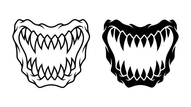 Fierce Jaws: A terrifying depiction of monstrous jaws, one outlined and the other filled in, featuring rows of sharp, menacing teeth, perfect for designs conveying danger or power.