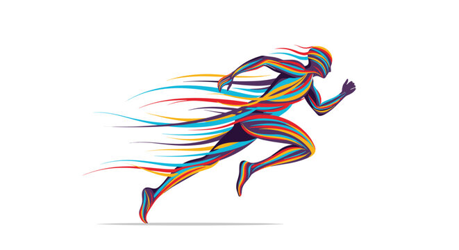Dynamic runner silhouette composed of colorful light streaks and motion lines on a clean white background.