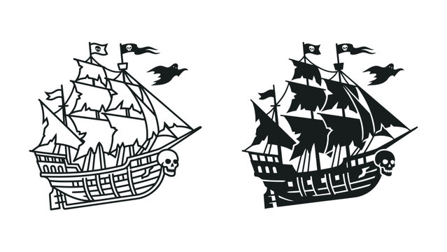 Pirate Ship Silhouette: A graphic representation of a menacing pirate ship with tattered sails and skull emblem, set against a contrasting backdrop. Two ominous birds fly nearby.
