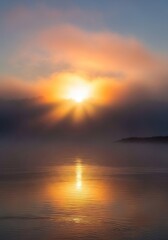 Fototapeta premium Thick morning mist rolls across the surface of a tranquil river as the rising sun creates a soft golden glow through the dense grey fog, mist, landscape, sunbeams
