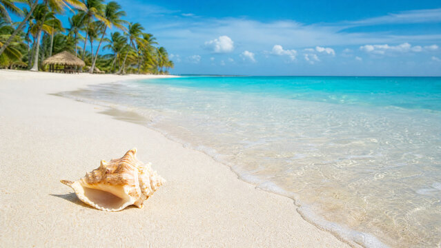 Tropical beach with turquoise sea white sand and seashell
