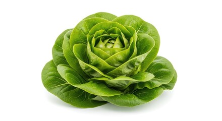 Fototapeta premium Vibrant green head of fresh leaf lettuce isolated on a pure white background. Crisp layers of organic foliage provide a healthy aesthetic, raw, head, food
