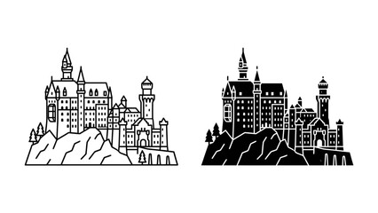 Castle Silhouette: A striking illustration of a grand castle perched atop a rocky hill, presented in both outlined and silhouette styles. © Mdd64