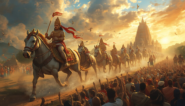 Royal cavalcade rides horses through a jubilant crowd near a grand temple during a festive celebration.