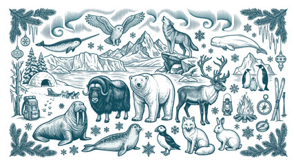 Arctic Wildlife Doodles Elements Stickers Sets Packs, Editable Vectors Strokes Illustrations. containing arctic, wildlife, engraving, vintage, animals, nature, winter, polar and mores Element doodles. © MasterTech