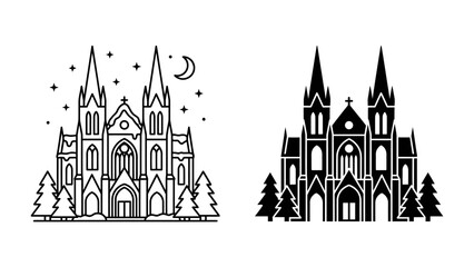 Gothic Church Icons: A striking pair of gothic church designs, one outlined in black and white with starry night sky and crescent moon, the other a solid black silhouette. © mdmv9