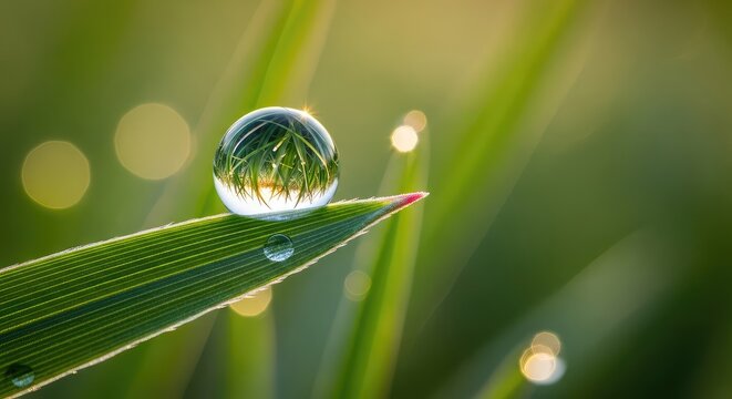 A crystal clear water droplet clings to the pointed tip of a lush green leaf, reflecting morning light before falling into the soft grass, gravity, sphere, reflection