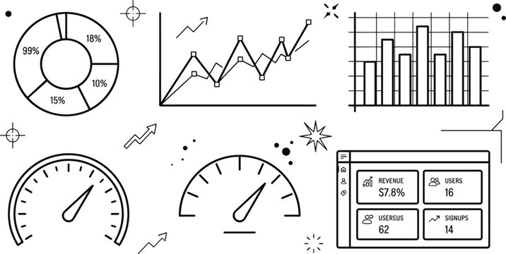 Analytics vector line art set with pie chart line graph bar diagram speedometer dials and dashboard panel,