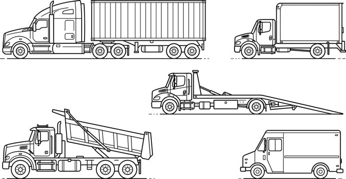 Truck vector line art set with semi trailer dump truck flatbed tow carrier cargo van and delivery graphics