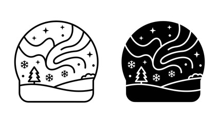 Winter Aurora Scene Icons: Two stylized icons depict a winter landscape with aurora borealis, snowflakes, and a Christmas tree, rendered in both outline and solid black styles. © Gfd