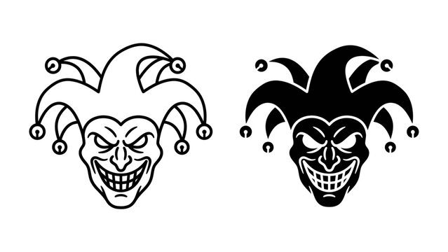 Jester Face Icon: A stylized illustration of a jester's face, presented in both a clean line drawing and a solid black silhouette, with a mischievous grin and pointed hat.