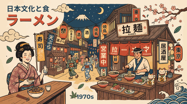 Traditional Japanese Night Street Scene with Ramen Stall and Kimono Woman