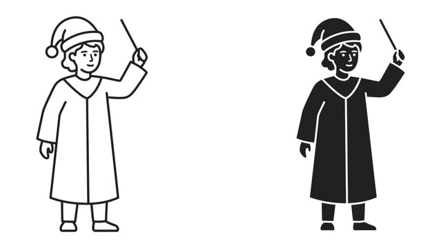 Wizard Apprentice Silhouette: A stylized depiction of a young wizard apprentice in a pointed hat and flowing robe, holding a magic wand, presented in both outline and solid silhouette forms.