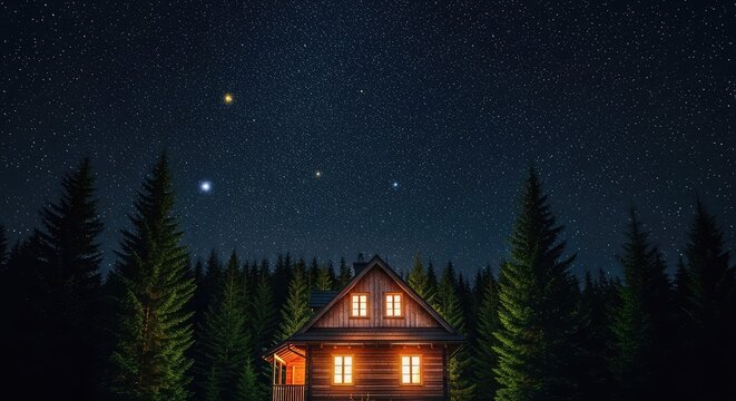 A wooden house sits quietly among tall evergreen trees while the dark night sky overhead is brilliant with thousands of twinkling stars, house, trees, nature