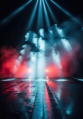 Obraz premium Atmospheric night scene with red and blue neon lights reflecting on wet asphalt, featuring dense smoke, bright rays, and empty dark space, intense, color, scenic