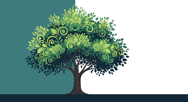 Beautiful lush green tree with swirling branch details shown against a split dark green and white background.