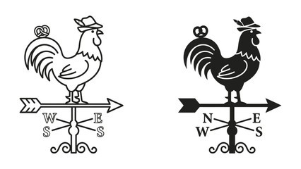 Rooster Weather Vane Silhouette: A stylized rooster wearing a hat and carrying a pretzel stands proudly atop a weather vane, indicating wind direction with a directional arrow. © mrs