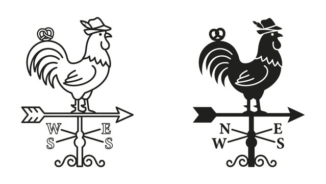 Rooster Weather Vane Silhouette: A stylized rooster wearing a hat and carrying a pretzel stands proudly atop a weather vane, indicating wind direction with a directional arrow.