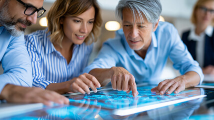 Fototapeta premium Business executives collaborating around a glass boardroom table with data visualizations, corporate analytics, strategic decision-making, with copy space