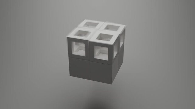 Abstract 3D animation of white cubes on white background with soft directional lighting, minimalist geometric composition, clean architectural space, seamless motion design, modern monochrome digital 