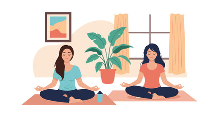 Obraz premium Two young women practicing yoga and meditation in a peaceful home environment with a plant and natural light from a window.