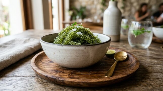 Fresh sea grapes with a sprinkle of salt, a healthy and exotic appetizer