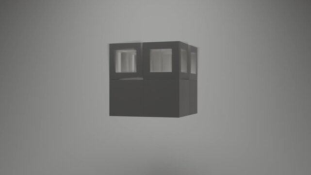 Minimal abstract 3D render featuring floating white cubes in white space with subtle single light source, elegant geometric animation, seamless modern motion background, clean architectural compositio