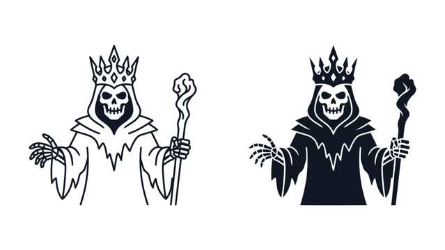Grim Reaper King Icon: A stylized illustration depicting a skeleton figure adorned with a crown and holding a staff, representing royalty and mortality. Two versions are shown.