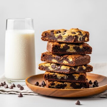 Freshly baked brookies stacked on a rustic wooden plate next to a tall cold glass of creamy white milk with dark chocolate chips around, tasty, rustic, baked