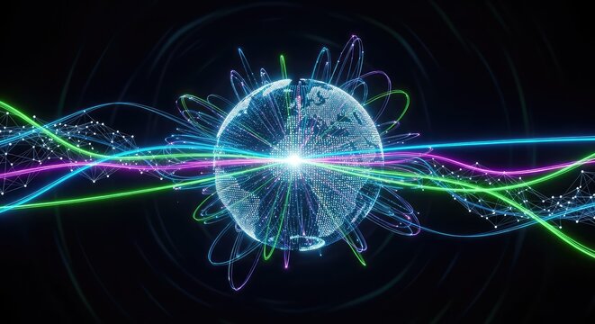 Futuristic digital globe surrounded by glowing network ribbons representing global data modernization and high-speed cloud connectivity, storage, evolution, effect