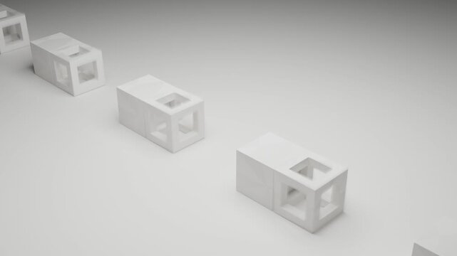 Modern abstract composition of white cubes in clean white space, realistic 3D render with low key lighting, minimalist geometric animation, seamless architectural motion background
