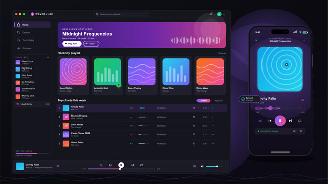 Dark futuristic music player interface with desktop dashboard, mobile screen, playlist cards, album artwork, audio controls, neon gradients, and streaming platform design.