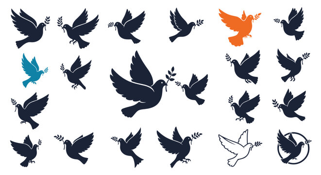 Collection of peace dove silhouettes carrying olive branches in various flying poses and colors on a white background.