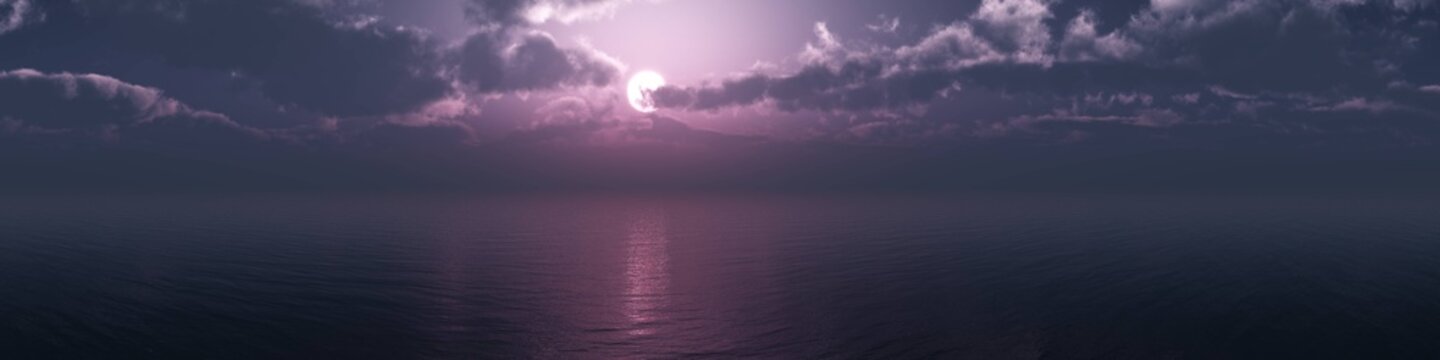 panorama of a stormy landscape, thunderclouds over the sea, the sun on a gloomy sky, a terrible sea landscape, 3d rendering
