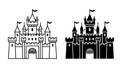 Medieval Castle Icon Set: Two stylized icons of a medieval castle, one in outline and one in solid black, feature towering turrets, battlements, and a grand gate. © Gfd