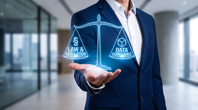Businessman holding a digital balance scale symbolizing the equilibrium between law regulation and data compliance in a modern business environment