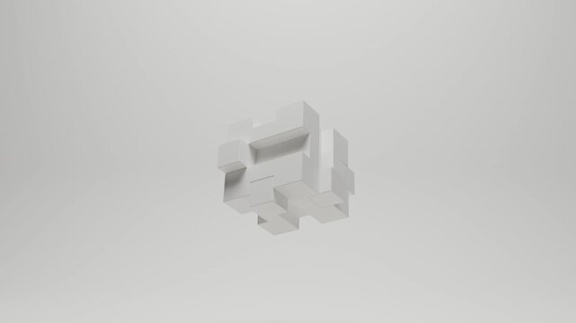 Minimal white cube animation in bright monochrome space, realistic 3D render with soft cinematic lighting, seamless geometric motion graphics, elegant abstract visual background
