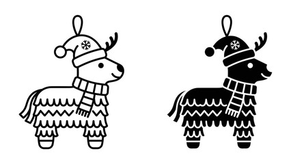 Christmas Reindeer Pinata Icon: A festive cartoon-style reindeer piñata, adorned with a Santa hat and scarf, presented in both outline and silhouette versions, ready to bring holiday cheer. © Gfd