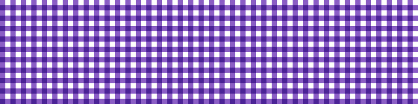 Classic purple and white gingham plaid seamless pattern banner background. Traditional checkered tablecloth vector illustration for easter and spring.