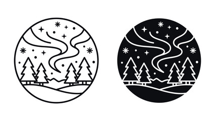Northern Lights over Winter Forest: A stylized graphic representation of the aurora borealis shimmering above a silhouetted pine forest and snow-covered landscape, evoking the magic of a polar night. © Mdhd