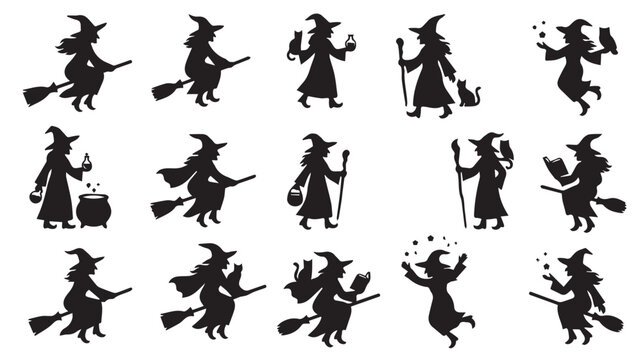 Set of black witch silhouettes flying on brooms and casting magic spells Vector