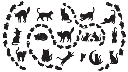 Naklejka premium Black cat silhouettes and ghost icons set for halloween design elements Vector