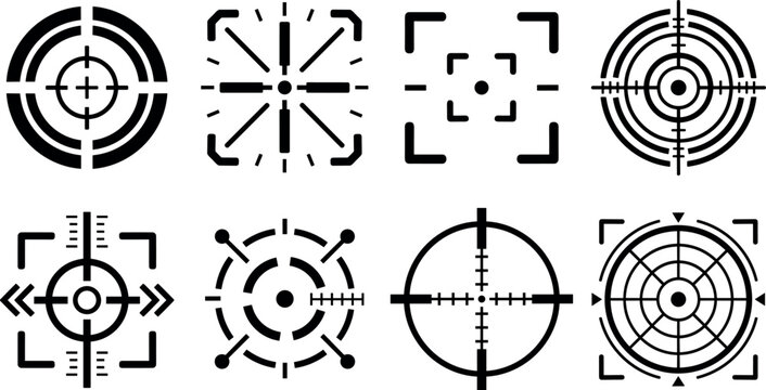 Crosshair and target icon set featuring varied military reticle weapon sights and hunting aims vector.