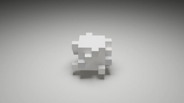Elegant white cube motion graphics in minimal architectural space with subtle directional lighting, abstract 3D animation, seamless loop, modern monochrome visual composition