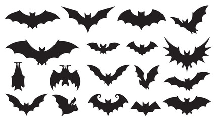 Fototapeta premium Set of black bat silhouettes in different flying and hanging positions Vector