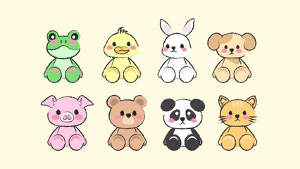 Obraz premium vector illustration of adorable cute kawaii chibi doll animal cartoon with yellow background. Delightful assortment of sweet whimsical baby doll animal faces characters vector