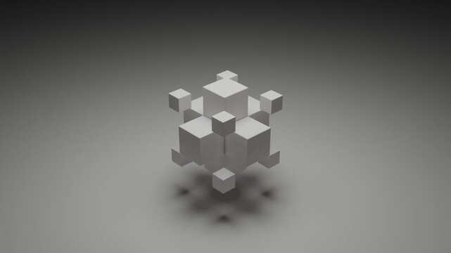 Clean geometric composition with floating white cubes in monochrome environment, abstract 3D render, soft lighting, minimalist seamless animation, contemporary digital background