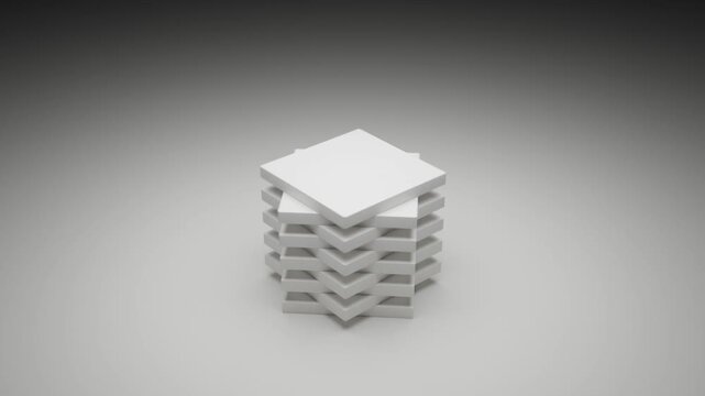 Minimal architectural composition with white cube on white background, abstract 3D motion graphics, cinematic single light source, seamless digital animation, modern geometric design