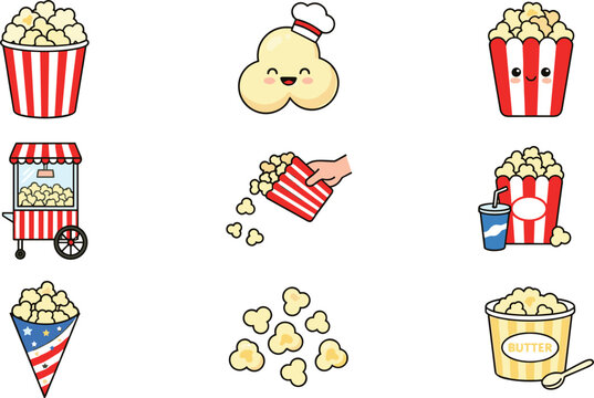 Cute cartoon popcorn vector character set with smiling faces in striped movie buckets cart and individual kernels isolated on white background.