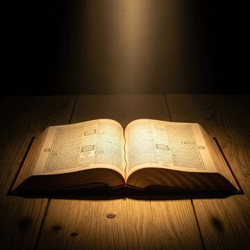A high-resolution image showcasing a large open holy book resting on a rustic wooden surface while being bathed in divine celestial light, study, parchment, hope